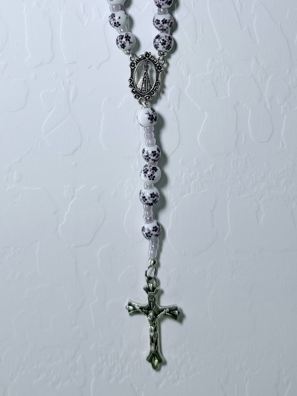 White and Purple Floral Beaded Rosary Necklace with Silver Cross